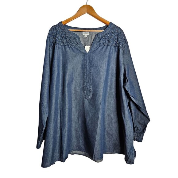 Avenue Tops - Avenue Embellished Yoke Rolled Tab Sleeve Tunic Top Women Size 30/32